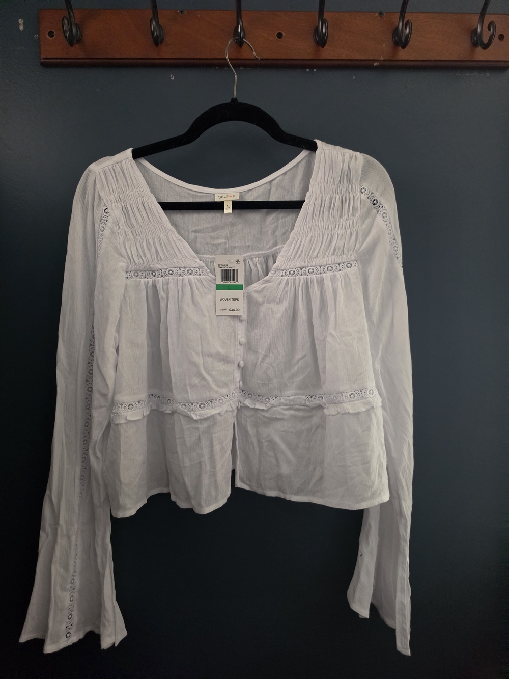 Soft White Button-Front Peasant Blouse by Sea NY